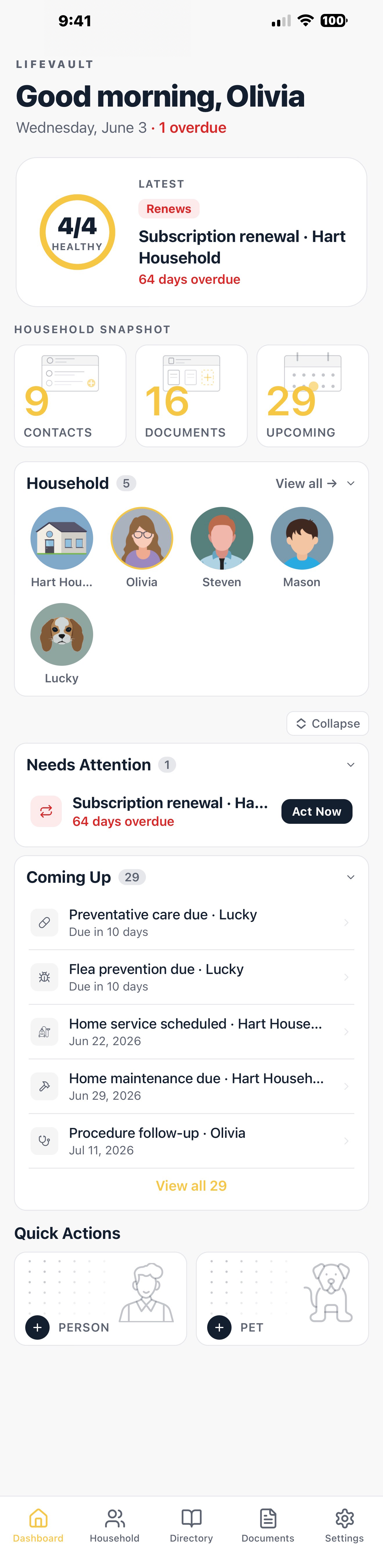 LifeVault dashboard — household snapshot, needs-attention items, and upcoming reminders